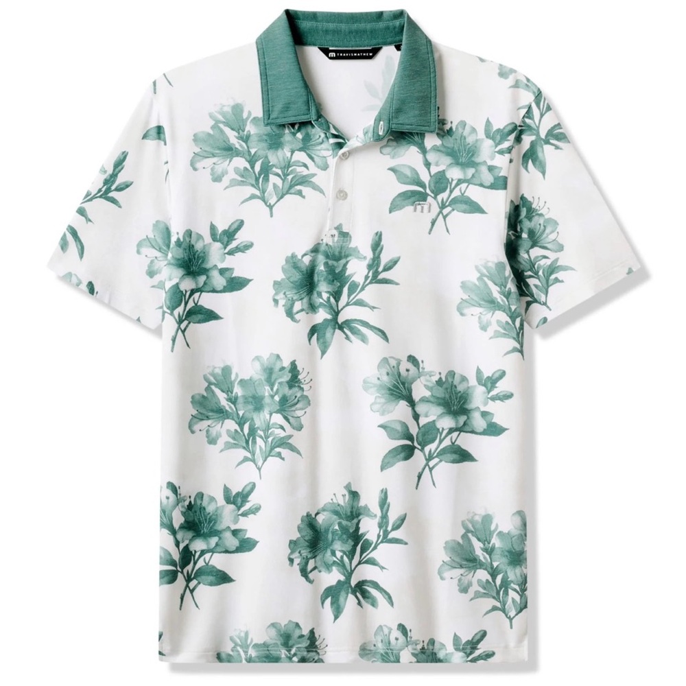 NWT Travis Mathew Featherweight Magnolia Polo, Moonbeam, Spring Azalea pattern